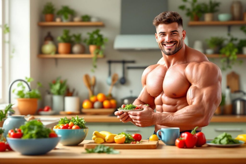 Homme musclé souriant prépare salade dans cuisine lumineuse