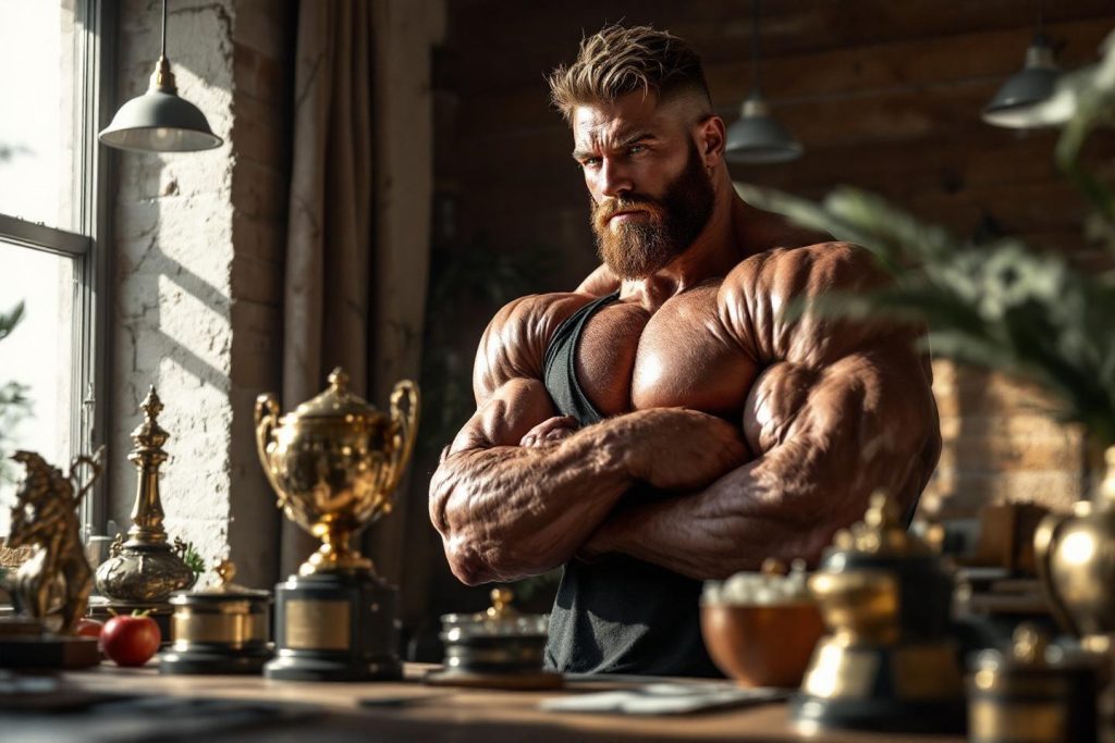 Homme musclé barbu posant près de trophées dorés