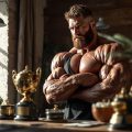 Homme musclé barbu posant près de trophées dorés