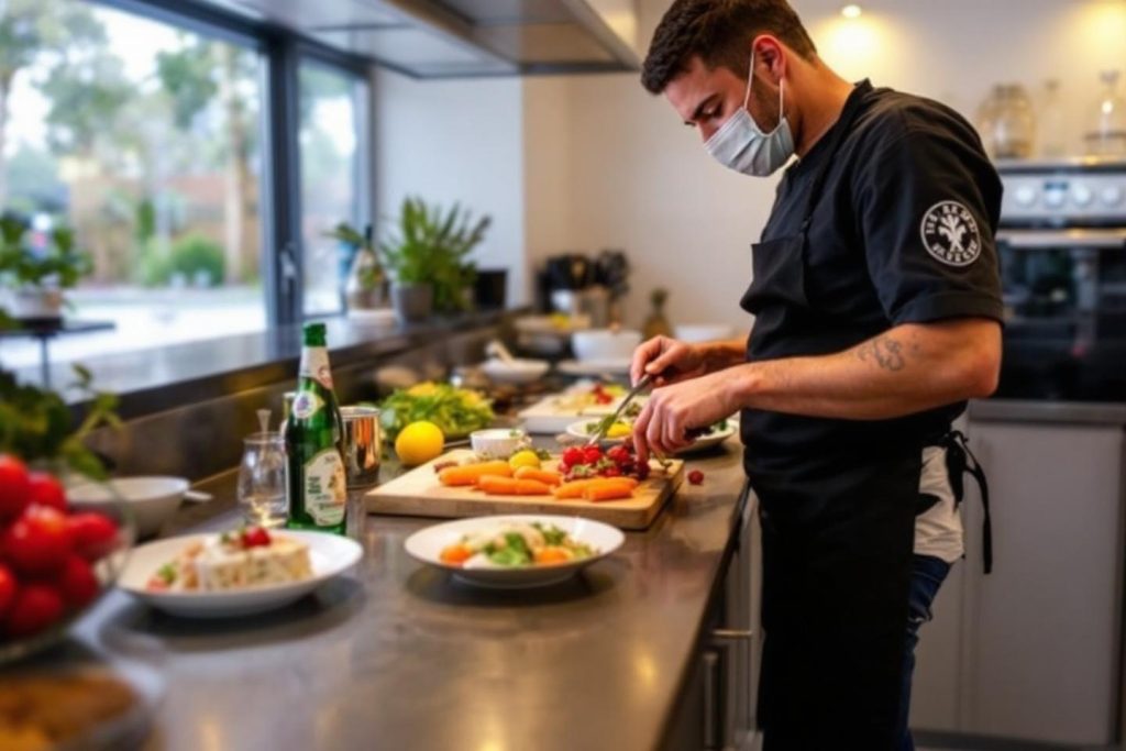 Cuisinier masqué travaillant avec des légumes frais