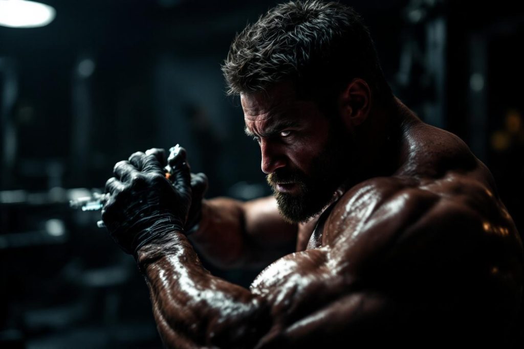 Athlète transpiration muscles tendus prêt à combattre