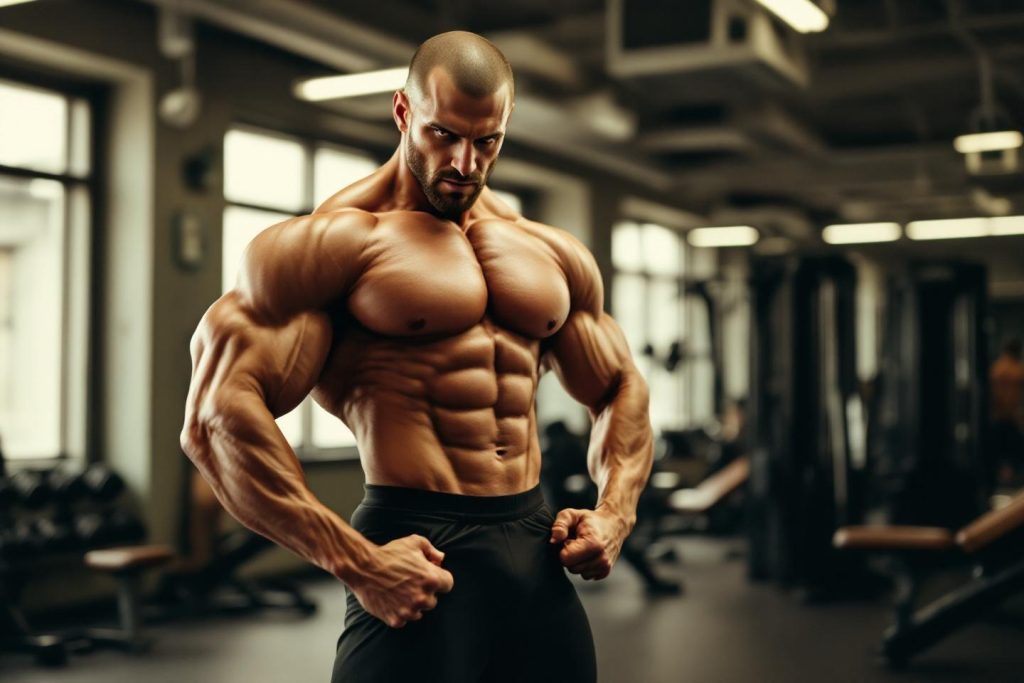 Homme bodybuilder posant avec des muscles développés