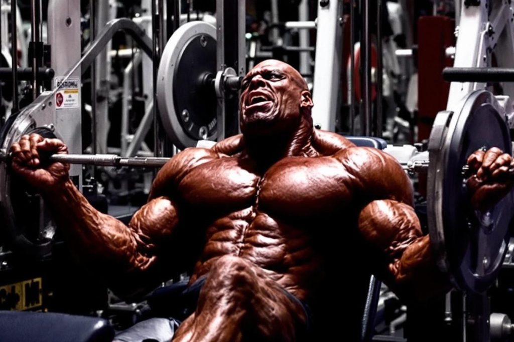 Bodybuilder musclé soulevant des poids avec détermination