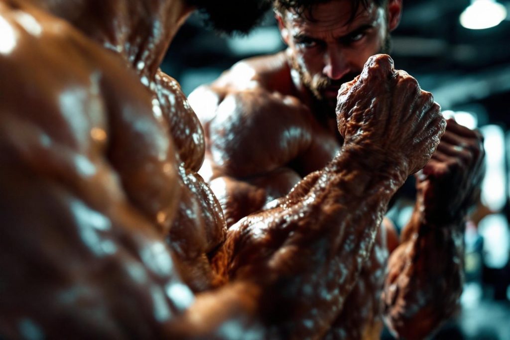 Athlète musclé transpiration gros plan bras tendus