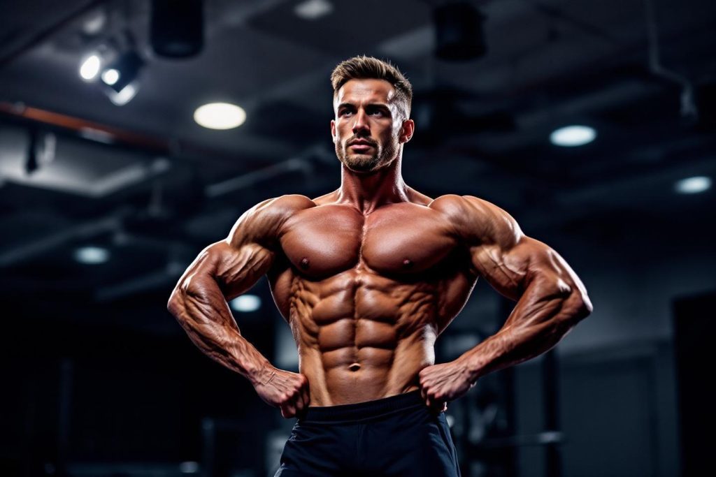 Athlète Bodybuilder Musclé Posant Avec Confiance En Salle De Sport