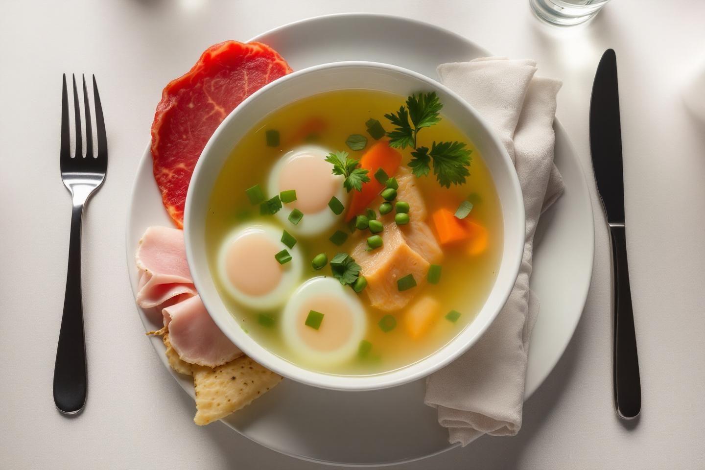 Soupe claire avec œufs pochés, carottes et persil dans un bol