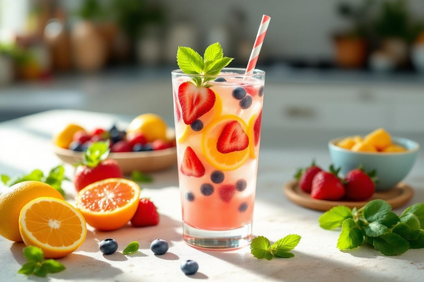 Verre de boisson rafraîchissante avec fruits rouges et oranges