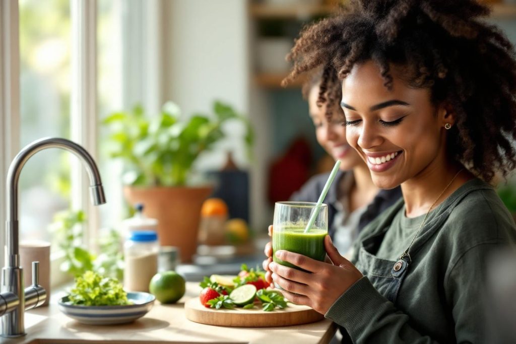 Femme souriante tenant un smoothie vert dans une cuisine lumineuse