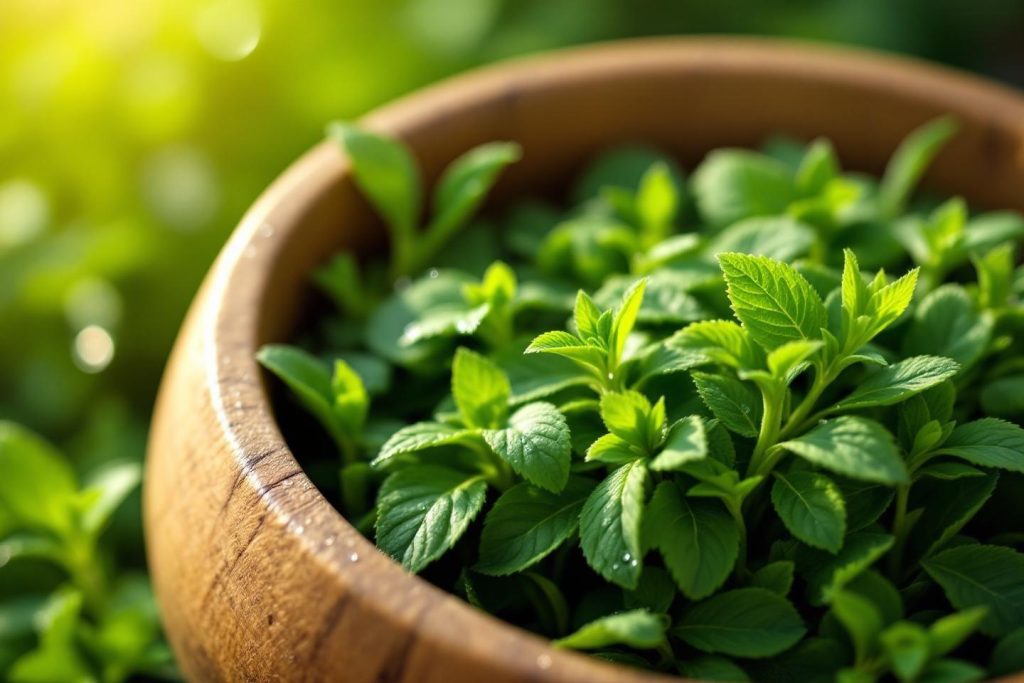 Feuilles vertes brillantes de menthe dans un bol en bois