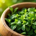 Feuilles vertes brillantes de menthe dans un bol en bois
