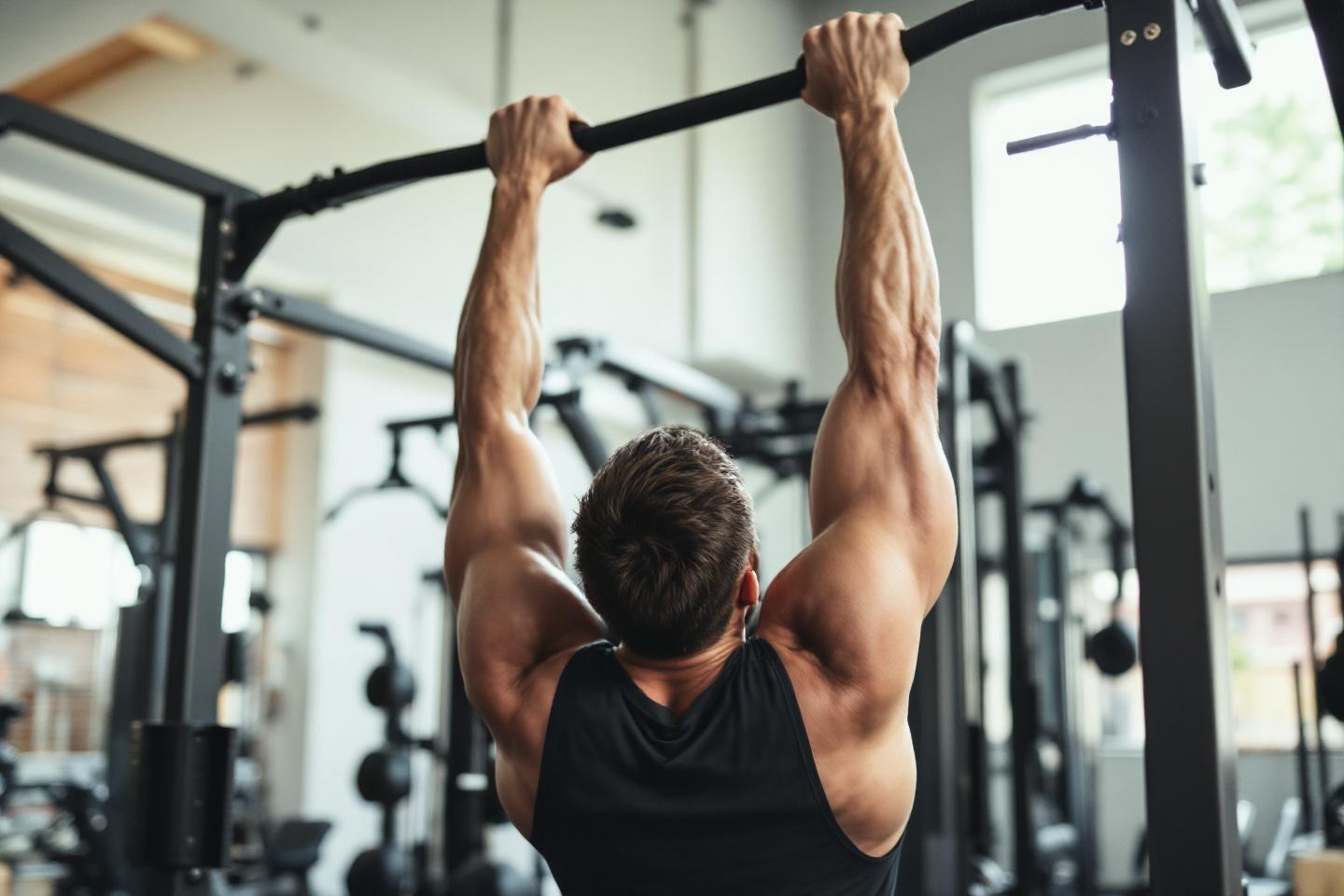 Homme musclé faisant des tractions dans une salle de gym