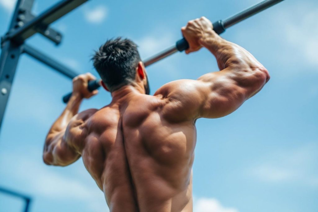 Athlète musclé faisant des tractions sur une barre horizontale
