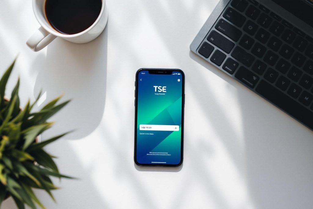 Smartphone TSE sur bureau blanc avec café et ordinateur portable