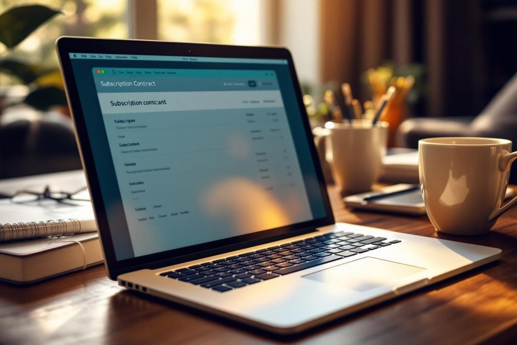 Ordinateur portable ouvert sur un formulaire de contrat avec café