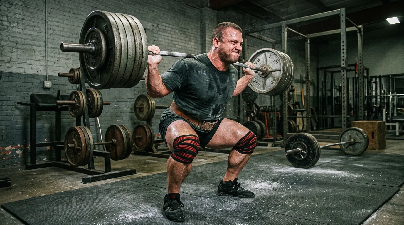 Homme musclé effectuant un squat avec haltères en salle de sport