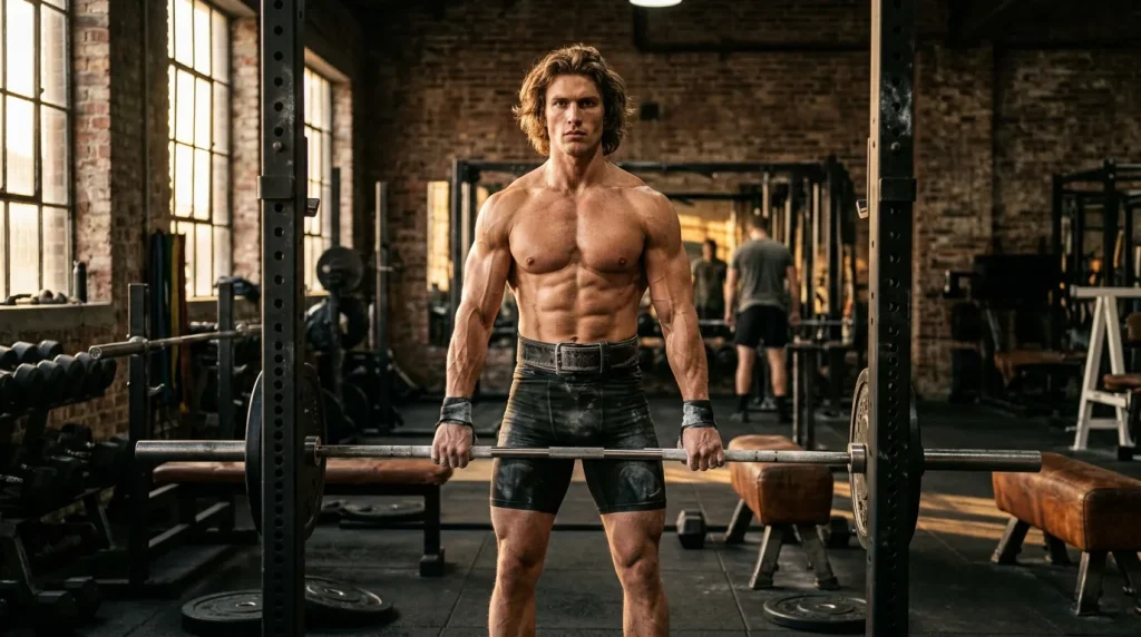 Homme musclé tient une barre de musculation en salle de gym