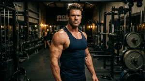 Homme musclé en débardeur bleu dans une salle de fitness