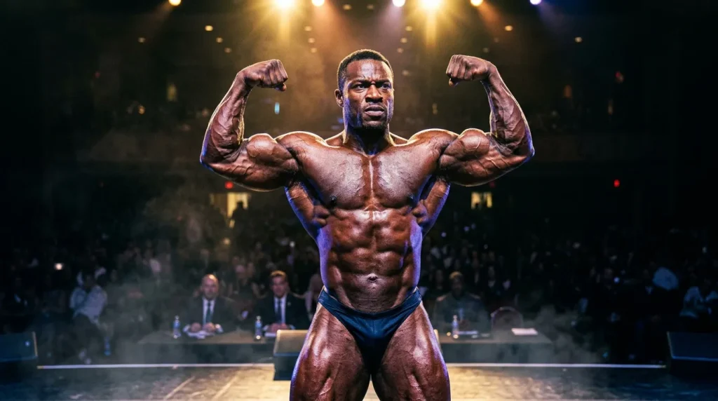 Culturiste musclé posant sur scène sous projecteurs