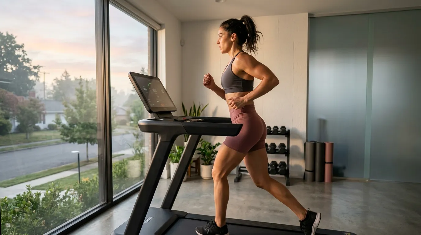 Femme courant sur tapis roulant connecté dans salle fitness